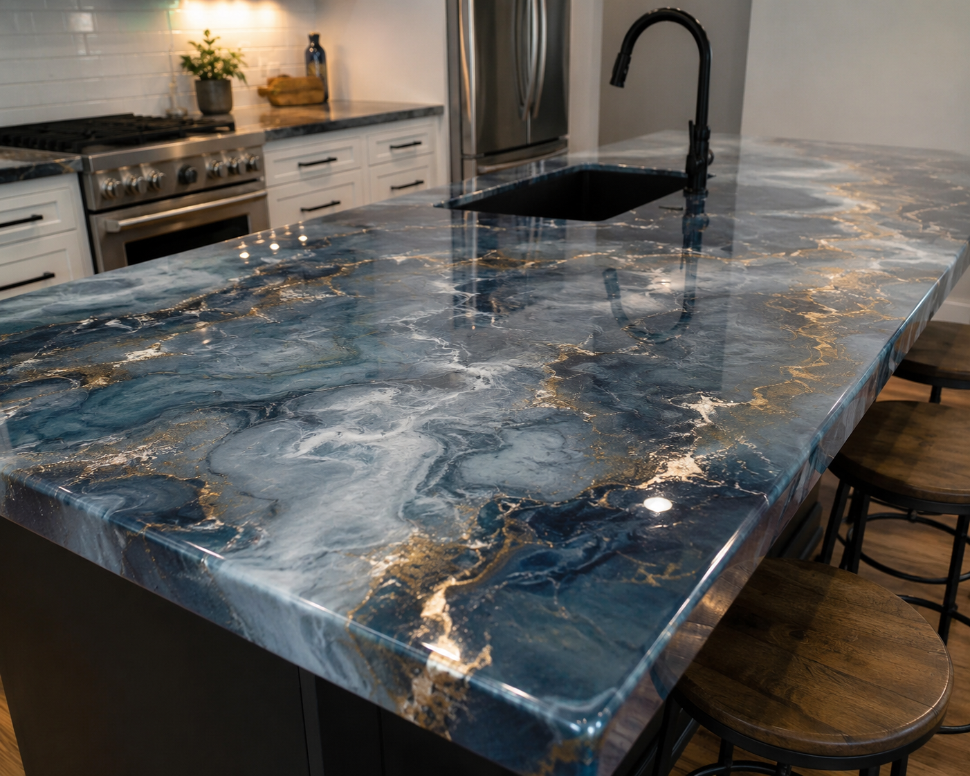 Navy blue and gold metallic epoxy countertop finish Mountain Home AR